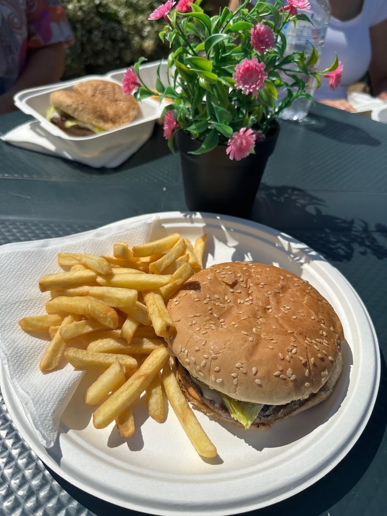 A burger and chips on a paper plate at an outdoor table