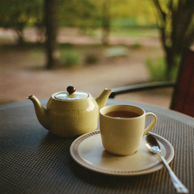 A pot of tea and a mug on an outdoor table
